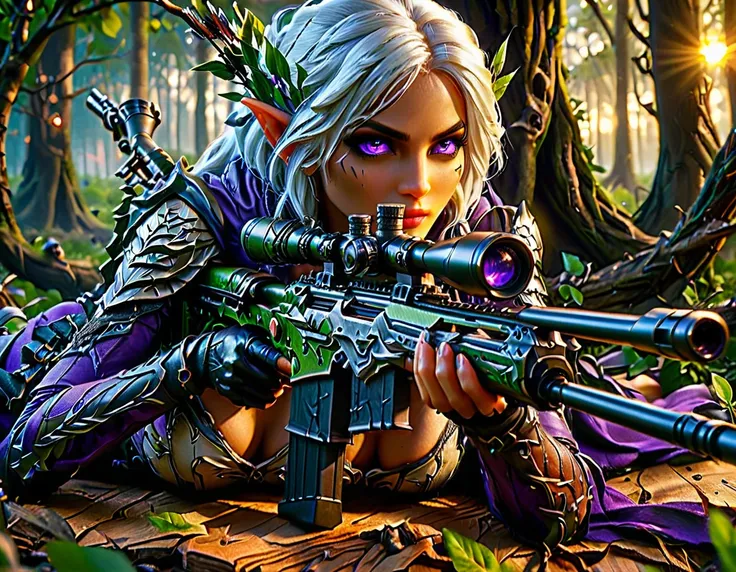 a portrait picture of a 1single female drow elf sniper, lying on a tree branch aiming a sniper rifle, an exotic beautiful elf sn...