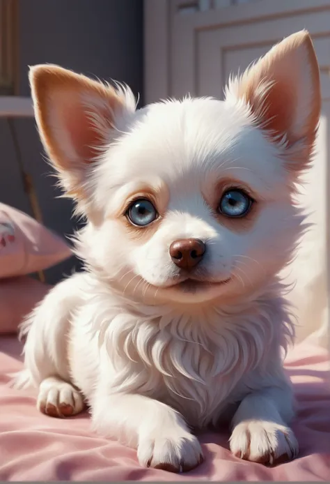 Beautiful little dog with dreamy eyes, Beastman Girl, Chibi Girl, Volumetric Light, Ultra-realistic, Intricate details, shape, Painting, watercolor, Cute Chibi, ah!, Shallow depth of field, Pastel Color Palette, Soft lighting, minimum, Modern, Digital Pain...