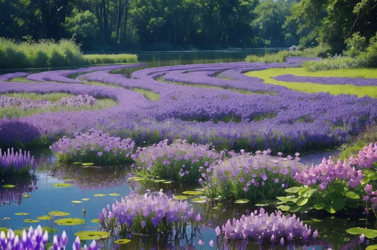 purple flowers are growing near a body of water, spirited water plants, vicious snapping alligator plant, aquatic plants, river with low hanging plants, vegetation and flowers, mediumslateblue flowers, marsh vegetation, aquatical plants, beautiful image, b...