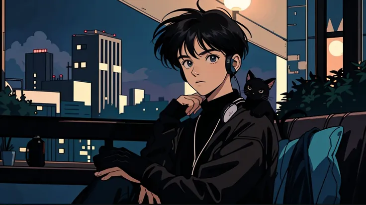 best quality, 8k, 1990s style,2010s hairstyles, 21-year-old boy, black hair,  light brown eyes, city pop, pants ,night view, wea...