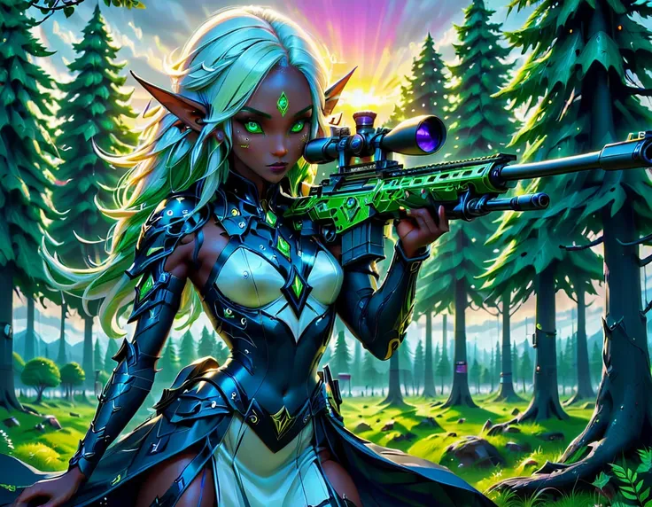 a portrait picture of a 1single female drow elf sniper, lying on a tree branch aiming a sniper rifle, an exotic beautiful elf sniper, white hair, braided hair, (black skin: 1.3),  intense purple eyes, ultra detailed face, small pointed ears, forest green c...