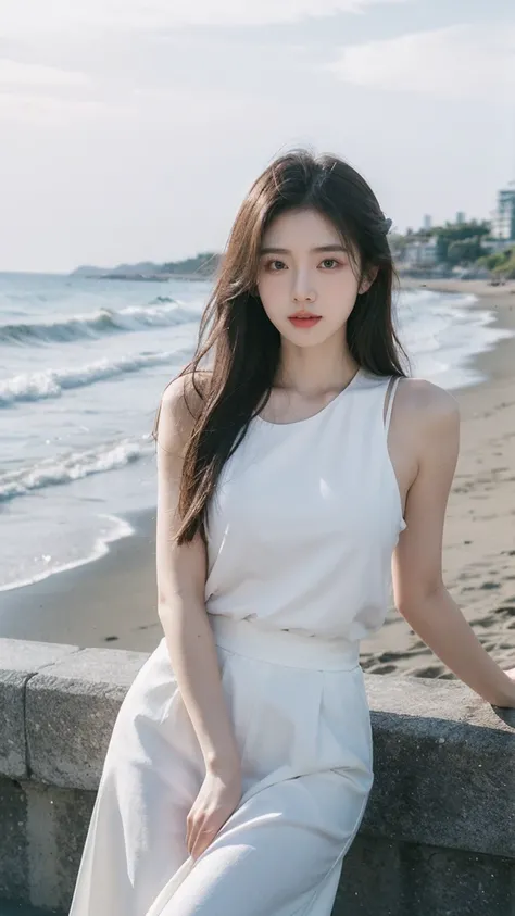 Create a serene portrait of a young woman (look forward) on a beach. She is wearing a loose-fitting white blouse, paired with a white-midi-skirt. Her eyes are looking viewer, and she has a peaceful expression on her face, enjoying the moment. The backgroun...