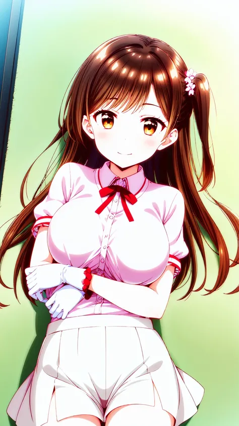 1girl, chizuru ichinose, long hair, bangs, brown hair, (brown eyes:1.5), one side up, gloves, solo, large breast, skirt, shirt, short sleeves, puffy sleeves, puffy short sleeves, white skirt, pink shirt, lying, looking at viewer, smile, thigh gap