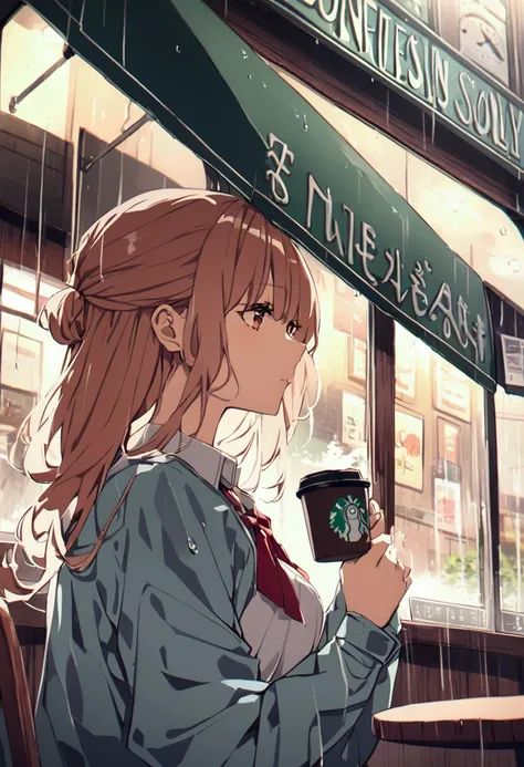 high resolution、One girl、Girl looks out the window、Bored look、Beautiful Hair、Beautiful appearance、Drinking coffee、The girl is in the coffee shop、Unrelenting Rain、Heavy rain outside and passersby with umbrellas、Time flows slowly