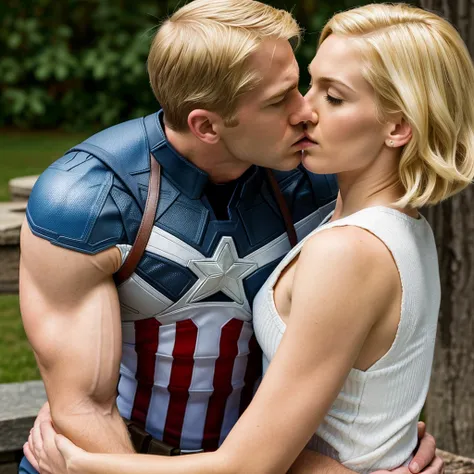 ((best quality)), ((​masterpiece)), (detailed), Captain  america ( a blonde white guy)kissing gwen stacys  ( a blonde white girl) butt