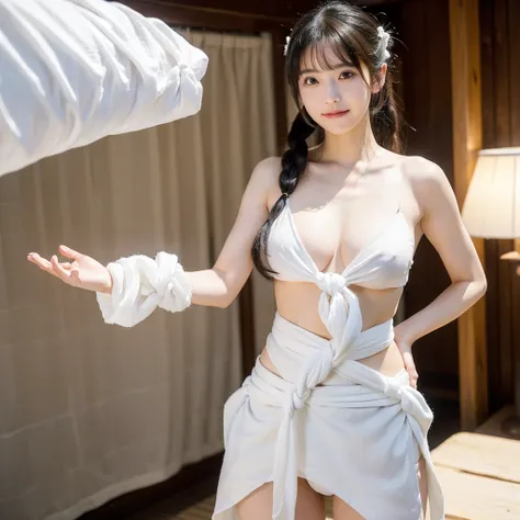 日本people、１people、The most beautiful woman、smile、Shyness、clear、Shiny black hair、((Standing with legs wide open))、Photo Style、length, bangs、Pigtails、light makeup、Standard face、(((Wearing a white Etchu loincloth)))、((Light clothing:0.5))、(She is hiding her br...