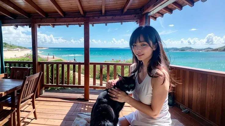 Sandy beach, wooden open terrace,(( woman holding cat)), pleasant breeze,, strong sunlight, sea view, beautiful woman, hair blowing in the wind,