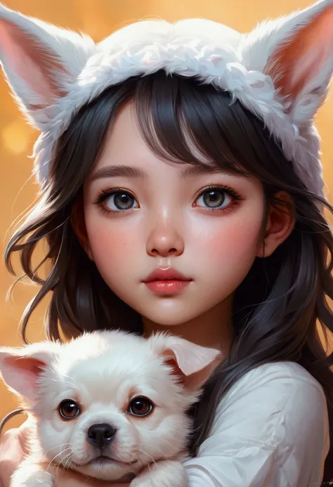 Beautiful  with dreamy eyes, Beastman Girl, puppy, Canine ears, Volumetric Light, Ultra-realistic, Intricate details, shape, Painting, watercolor, Cute Chibi, ah!, Shallow depth of field, Pastel Color Palette, Soft lighting, minimum, Modern, Digital Painti...