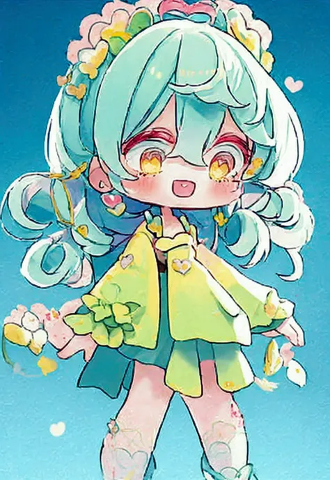 Cute style chibi girl, heart, soft, colorful, delicate, Expressive, texture, sharp, green and yellow