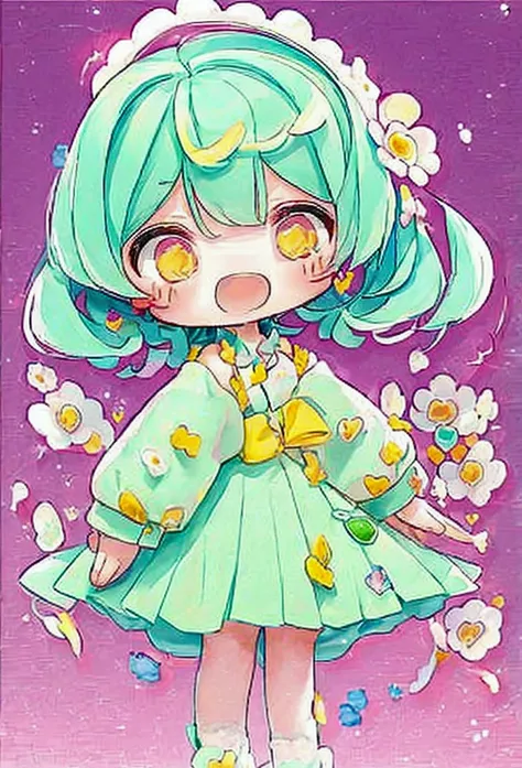 Cute style chibi girl, heart, soft, colorful, delicate, Expressive, texture, sharp, green and yellow