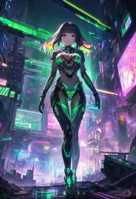 good looking, alone, 1 female, Medium Hair, Gray Hair, Rainbow Hair, Purple eyes, White clothes, Futuristic, cyber punk, Cybernetic,Low - Angle、 Emerald green eyes、Part of the clothing is see-through、Cinematic angles、optical fiber、Connected Cord、Illuminate...