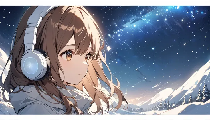 Girl wearing headphones,Brown Hair,1 person,bright,Detailed Background,「Starry sky in winter」 - Gazing at the stars shining in the winter sky