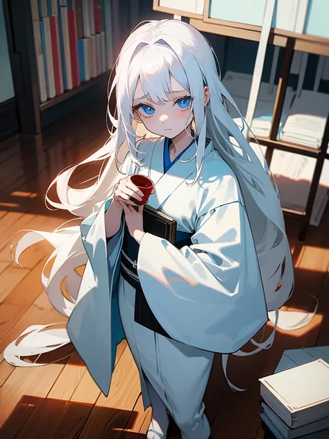 Young girl, 8yo, long  white hair, wearing white kimono, blue colored eyes, holding a porcelain cup with blood inside, is in an 80s style office, books around, wood floor, Grieving, sad, pale skin, sickened appearance