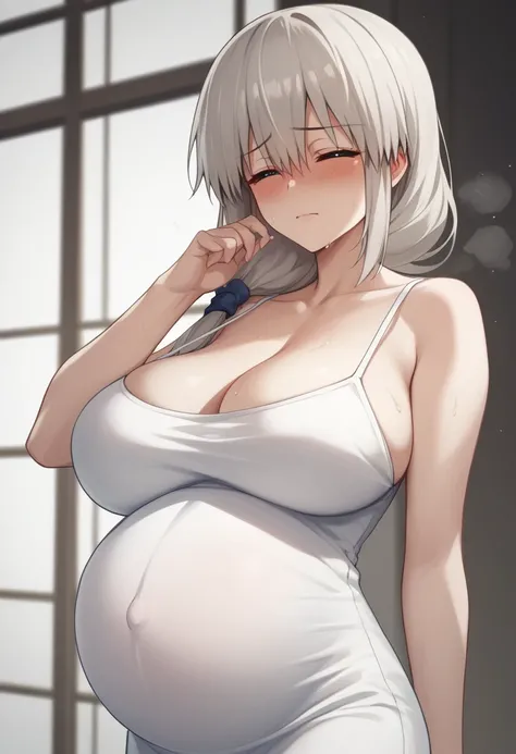 Cleavage、Huge breasts、blush、Sweat、In the heat、Long white hair、Braiding、uzaki_fortune、
{Highest quality}, {so beautiful}, {Very detailed}, {Best illustrations},Life、Slim:1.5、Pregnant women、Camisole dress(tight)、Are standing