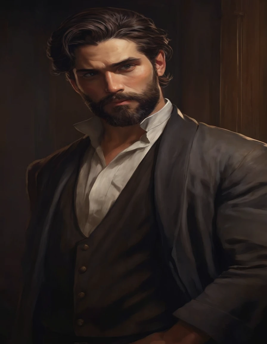 Create me a character based on this image, Where does he have the same hair but with some white streaks and some thin white strands, a medieval nobleman&#39;s outfit, he has a golden sword and on his clothes he has the symbol of a phoenix,  your beard has ...