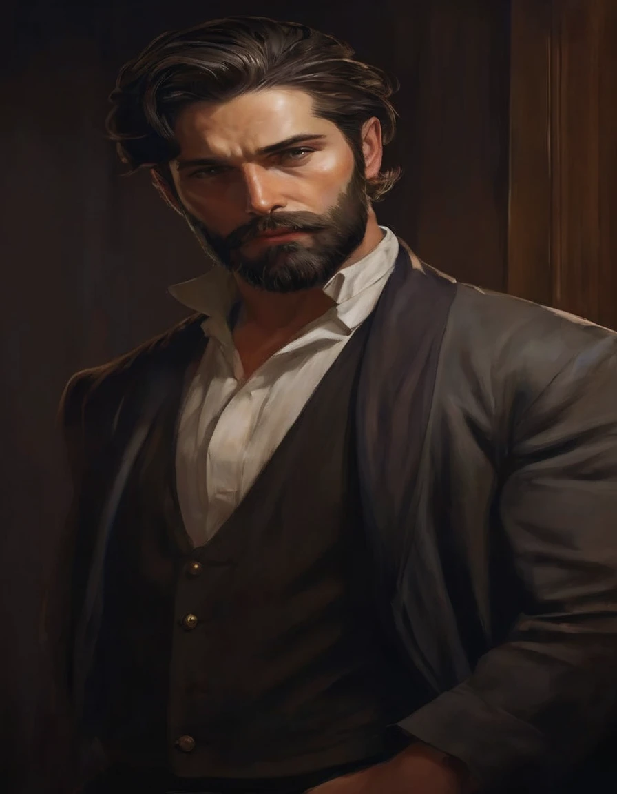 Create me a character based on this image, Where does he have the same hair but with some white streaks and some thin white strands, a medieval nobleman&#39;s outfit, he has a golden sword and on his clothes he has the symbol of a phoenix,  your beard has ...