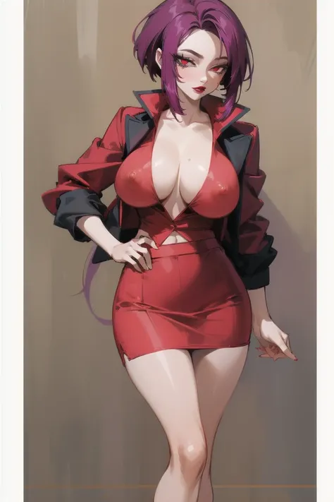 ((Highest quality)), ((masterpiece)), (Familiar), Hazy, Female,Mature Woman,Purple Hair, short hair, Low Ponytail, eye shadow, lipstick, Red eyes,Red Shirt,Large Breasts,Erect nipples,I can see her cleavage,Red and black jacket, White tight skirt,Red Heels