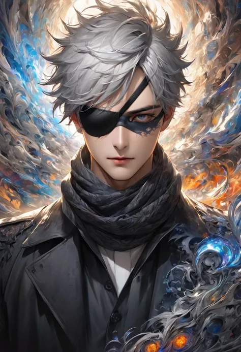 ( 正確Perfect anatomical structure )一名身穿黑色衬衫的男孩載 Single eye black eyepatch ( Single eye black eyepatch)、scarf, gray hair, Close up high dynamic range of man with spiky hair and white hair pointing gun forward dynamic sniper ( perfect anatomy ) Aim forward an...