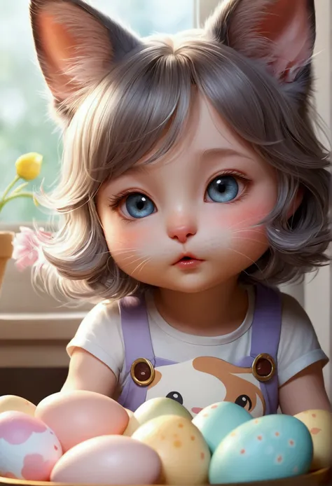 Beautiful  with dreamy eyes, Little cat, Volumetric Light, Ultra-realistic, Intricate details, shape, Painting, watercolor, Cute Chibi, Eating Easter eggs, ah!, Shallow depth of field, Pastel Color Palette, Soft lighting, minimum, Modern, Digital Painting,...