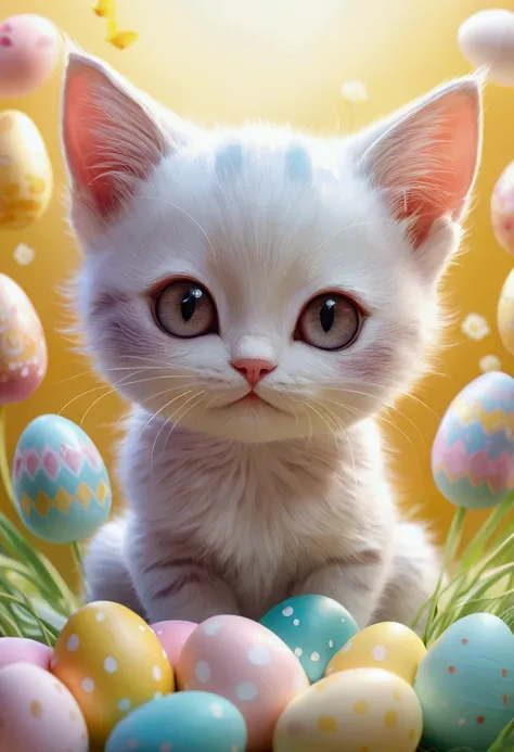 Beautiful  with dreamy eyes, Little cat, Volumetric Light, Ultra-realistic, Intricate details, shape, Painting, watercolor, Cute Chibi, Eating Easter eggs, ah!, Shallow depth of field, Pastel Color Palette, Soft lighting, minimum, Modern, Digital Painting,...