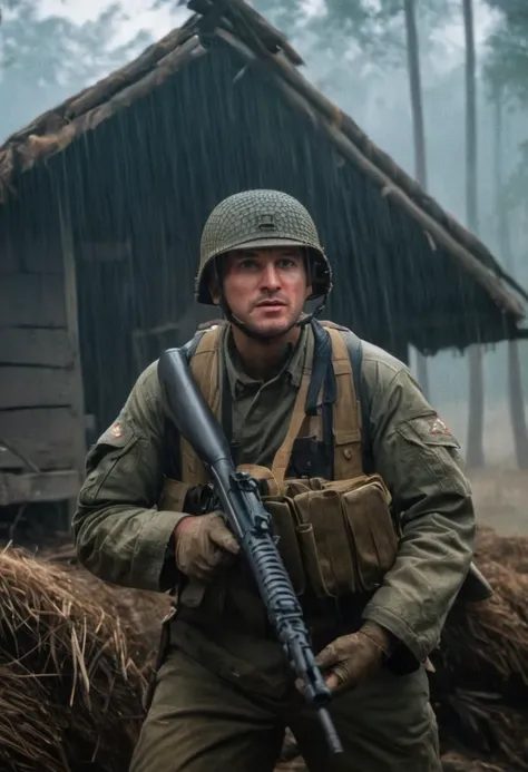 an american soldier with ww2 uniform and gear and ww2 rifle, taking a shelter under a ruined hut, pouring rain, solo, dirty, exh...