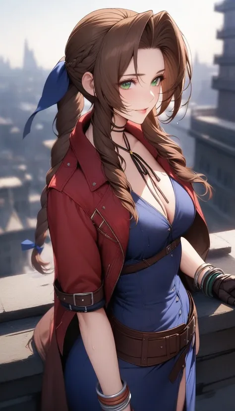 masterpiece, best quality, very aesthetic, absurdres, 1girl, mature_lady,  ,aerith_gainsborough, final_fantasy, final_fantasy_vii, final_fantasy_vii_rebirth, final_fantasy_vii_remake, 1girl, green_eyes, hair_ribbon, brown_hair, long_hair, braid, braided_po...