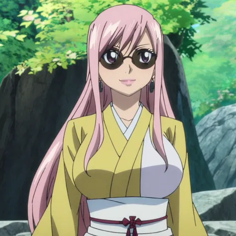 1girl, female, anime screen cap, erza from fairy tail, fairy tail anime artstyle , solo, long_hair, ((wearing round sunglasses)) ((White_hair)), sunny, upper_body, smile, lips, (long hair) ((wearing Japanese Cloths)) breast, "very detailed and high resolut...