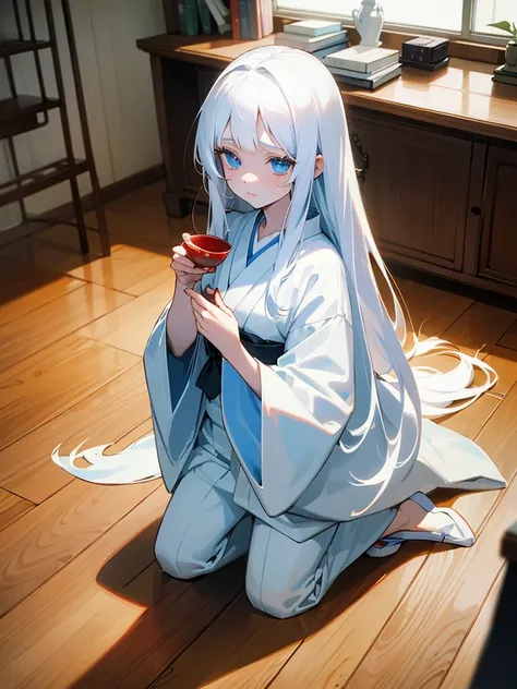 Young girl, 8yo, long  white hair, wearing white kimono, blue colored eyes, holding a porcelain cup with blood inside, is in an 80s style office, books around, wood floor, Grieving, sad, pale skin, sickened appearance, kneeling on the floor