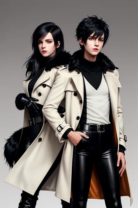 Final fantasy taste and reality graphics, Japanese young cute and cool ikemen  boy and cute and beauty girl,,boy and girl couple, both age is early 20s, thin eyebrows and beady eyes, girl is black long hair, boy wearing orange beige color double brest very...