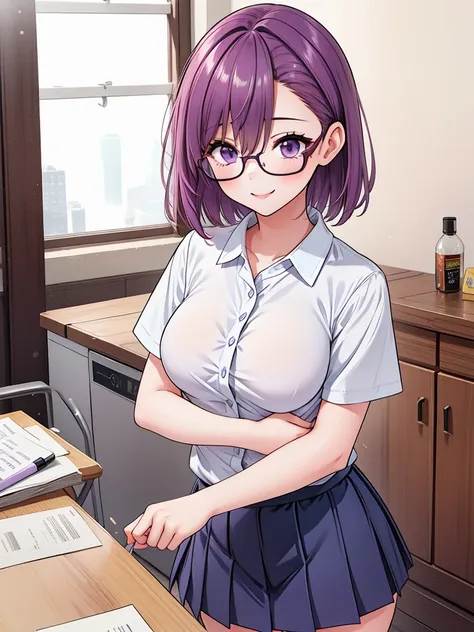 1girl, cowboy shot,porn, smile, glasses, 
nitengojigen_ririsa, purple eyes, purple hair, short hair, bangs, lace underwear, shor...