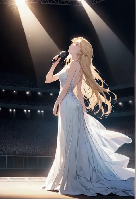 As the stadium lights dimmed, the crowd fell silent in anticipation. A lone figure, clad in a stunning white gown that shimmered under the spotlight, stood at the edge of the stage. Her long, flowing blonde hair cascaded down her back, catching the light a...