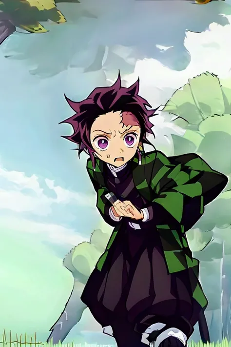 Zoomed out shot of Tanjiro wearing full demon slayer uniform (green and black checkered coat), scar on forehead, holding katana, standing in the plain grass looking up in to the sky with pure blue clouds and the clouds are forming, rain is falling, highly ...