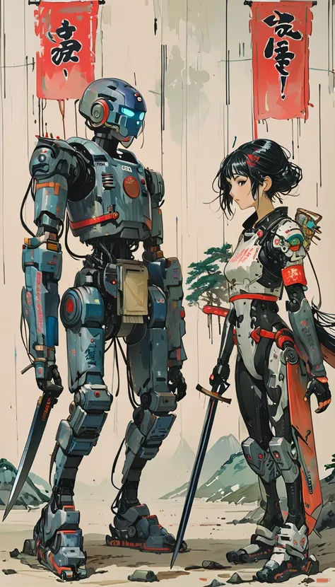 sketch、The Style of Kawanabe Kyosai、Police robot and cyberpunk girl、Holding a Japanese sword