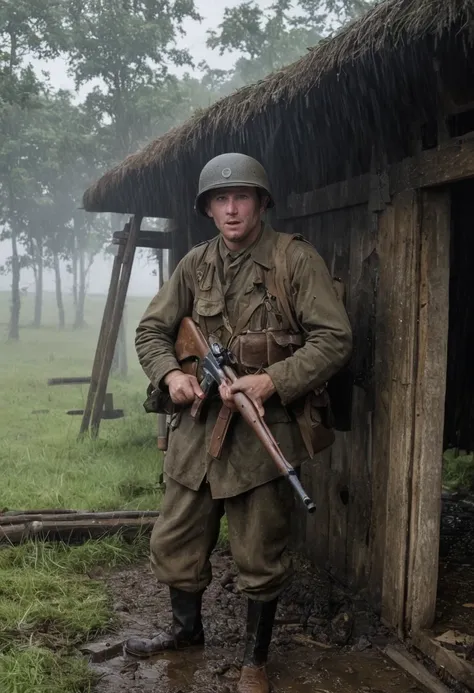 an american soldier with ww2 uniform and gear and ww2 rifle, taking a shelter under a ruined hut, pouring rain, solo, dirty, exh...