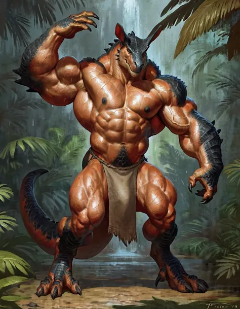 male tyranosaurus mid transformation, solo, masterpiece, hyper muscle, muscular arms, veiny arms, best art, digitigrade, by taran fiddler, wearing loincloth, detailed hands, detailed eyes, detailed torso, jungle, smirking,sweating, sexy, muscular, abs, nip...