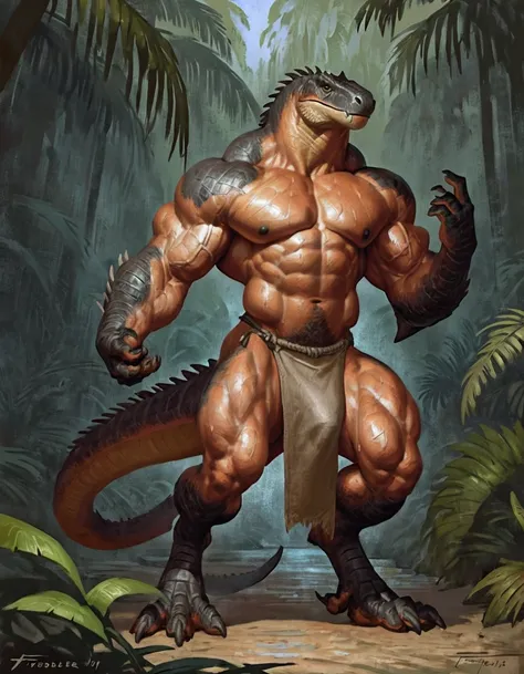 male tyranosaurus mid transformation, solo, masterpiece, hyper muscle, muscular arms, veiny arms, best art, digitigrade, by taran fiddler, wearing loincloth, detailed hands, detailed eyes, detailed torso, jungle, smirking,sweating, sexy, muscular, abs, nip...