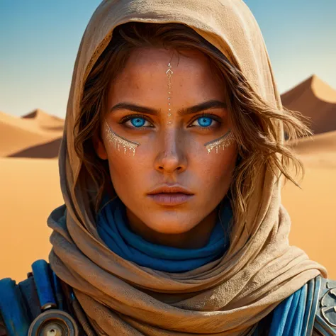 ultra detailed minimalist digital line art watercolor rendering of a beautiful futuristic desert nomad, beautiful detailed symmetrical BLUE eyes, sand color clothes/ detailed gorgeous face, Apocalyptic environment and sandstorm, spatter, MAD MAX WORLD styl...