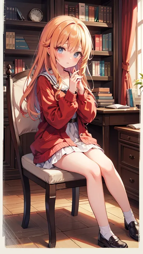 (masterpiece, best quality:1.3), 1 girl, solo, teenager,(top quality eyes:1.3),A 15-year-old girl with vibrant apricot-colored hair is sitting in her study at home, knees up. Her eyes are a clear soft gray, and a simple ring glistens on her hand. She is se...