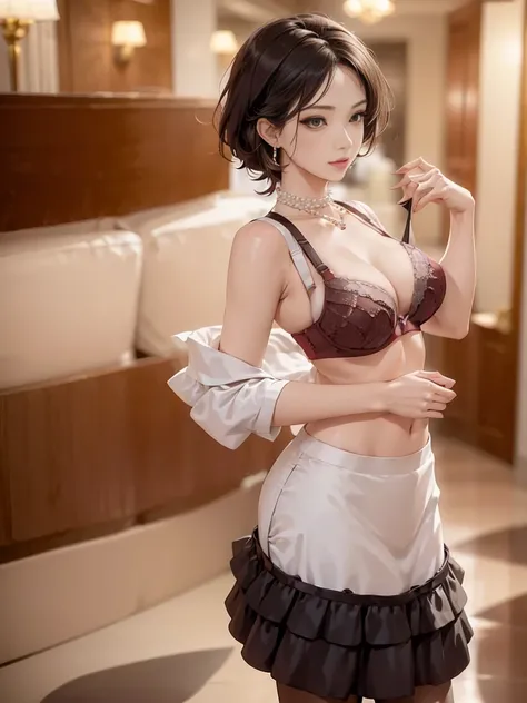 (show bra:1.8),(Neat women in formal wear in the hotel lobby.:1.3) They are wearing pearl necklaces and earrings. They carry small black bags.beautiful eyes.One female voice is wearing a party dress revealing her shoulders.Beautiful face. Very realistic ph...