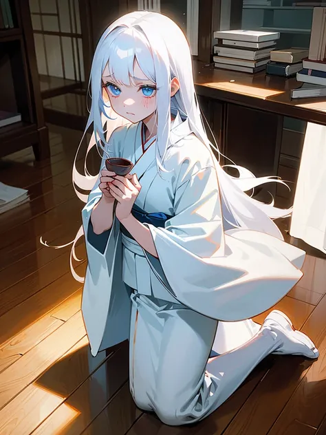 Young girl, 8yo, long  white hair, wearing white kimono, blue colored eyes, holding a porcelain cup with blood inside, is in an 80s style office, books around, wood floor, Grieving, sad, pale skin, sickened appearance, kneeling on the floor