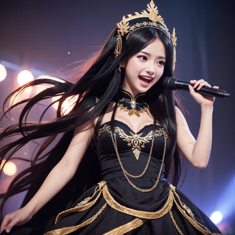 One girl, High resolution, Long Hair, Gaze, Black Hair, Headpiece, masterpiece, Highest quality, High-resolution model, Ultra high definition, Textured skin, Shiny Hair, Half-up hairstyle, chest, happiness/joy, Aperture F2.8, Singing on a microphone, Black...