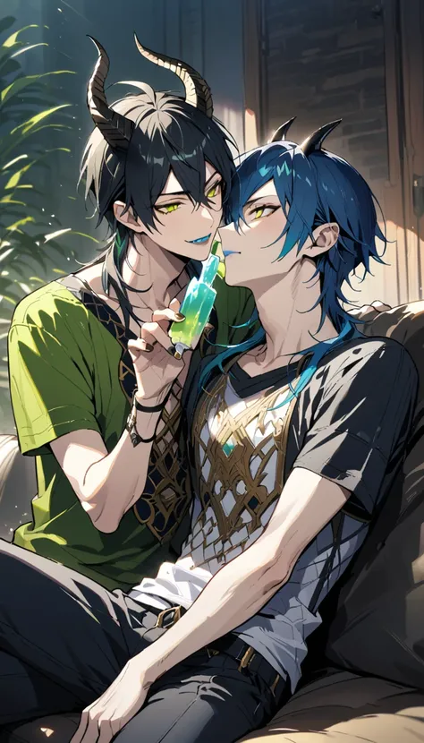 masterpiece, best quality, extremely detailed, anime , upper body, ((2boys)), BL, male focus, ikemen:1.5, looking at each other, holding ice candy, T-shirt, short sleeves, room, sitting on sofa,full body, (1nd boy, malleus draconia (twisted wonderland) hor...