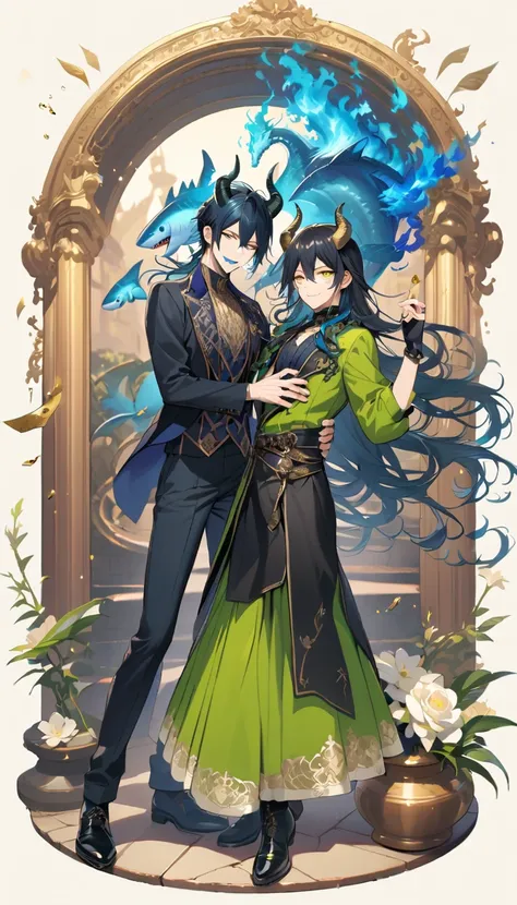 (pieces fly), (highest quality), very detailed, ((two men)), perfect face, beautiful face, very detailed face，full body shot, (black haired man:1.3)，(blue haired man:1.3)，suit，shirt，smile，flower, (1st boy,Idia Shroud, bishounen, boy, male, extremely long h...