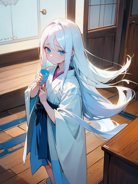 Young girl, 8yo, long  white hair, wearing white kimono, blue colored eyes, holding a porcelain cup with watermelon juice inside, is in an 80s style office, books around, wood floor, Grieving, sad, pale skin, sickened appearance