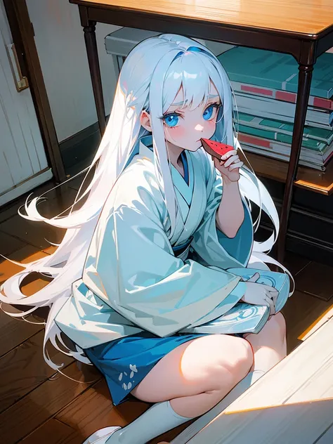 Young girl, 8yo, long  white hair, wearing white kimono, blue colored eyes, holding a porcelain cup with watermelon juice inside, is in an 80s style office, books around, wood floor, Grieving, sad, pale skin, sickened appearance