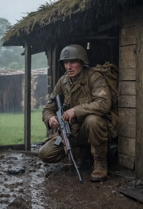 an american soldier with ww2 uniform and gear and ww2 rifle, taking a shelter under a ruined hut, pouring rain, solo, dirty, exh...