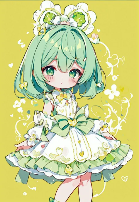 Cute style chibi girl, heart, soft, colorful, delicate, Expressive, texture, sharp, green and yellow