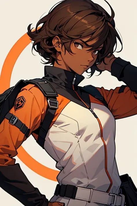 Make a hero uniform without being a copy of another hero that exists, with a cover with a feminine orange and black coloring. A must have black skin and brown hair