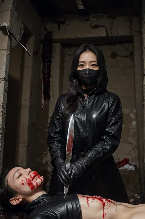 korean girl, (behind corpse, surgical mask), holding knife, stabbing, black leather gloves, room full of blood, woman on top, black trench coat, hood up, holding knife, black gloves, behind corpse, blood splatter, black wet suit, very long hair, night, mas...