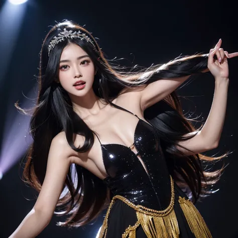 One girl, High resolution, Long Hair, Gaze, Black Hair, Headpiece, masterpiece, Highest quality, High-resolution model, Ultra high definition, Textured skin, Shiny Hair, Half-up hairstyle, chest, happiness/joy, Aperture F2.8, Singing on a microphone, Black...